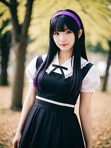 Young Woman in Black Dress with Purple Accents Outdoor Autumn Portrait