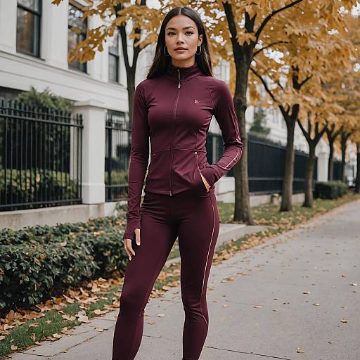 Woman in Maroon Athletic Wear Standing on Autumn Sidewalk