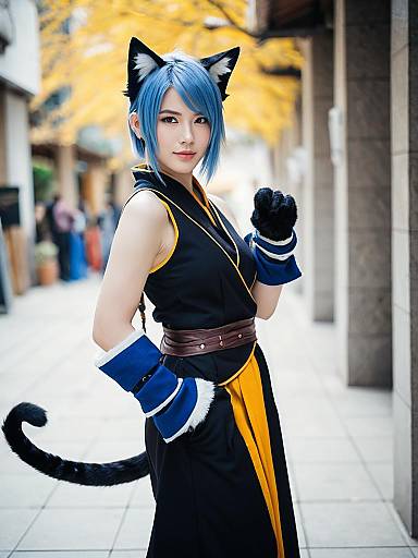 Final Fantasy Monk Cosplay Woman with Blue Hair and Cat Ears