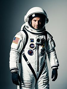 Man in Adult Astronaut Costume with NASA Patches and American Flag