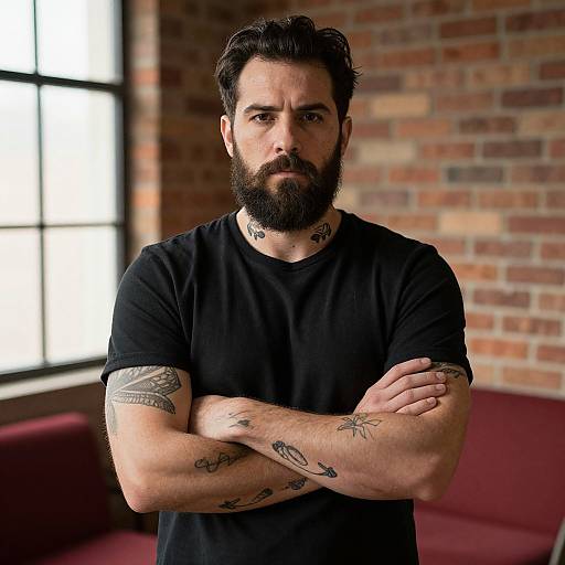 Bearded Man with Tattoos Standing in Industrial Loft with Crossed Arms
