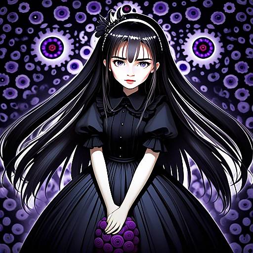 Akemi Homura Anime Girl in Black Dress with Purple Roses