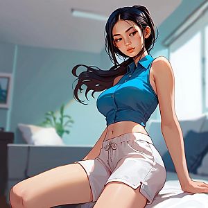Young Woman in Blue Crop Top and White Shorts