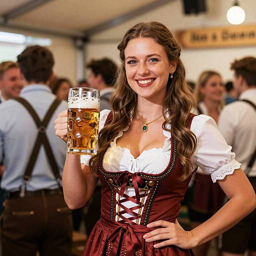 Woman in Traditional German Beer Fest Dress Holding a Glass of Beer at Oktoberfest
