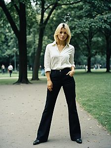 Woman in White Blouse and Black Flared Pants Standing in Park