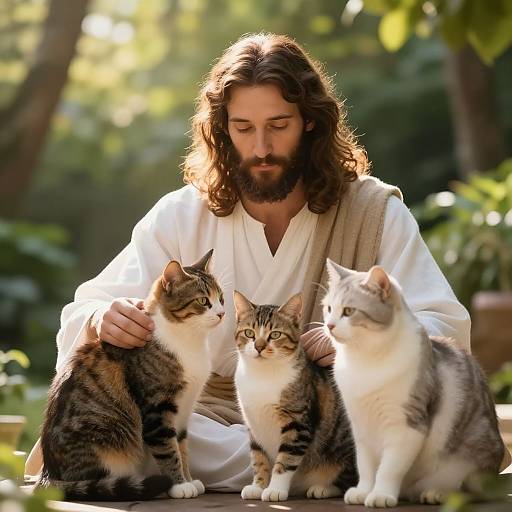 Man in White Robe with Three Cats in Peaceful Garden