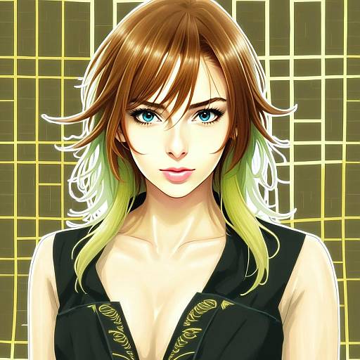 Anime Woman with Blue Eyes and Green-Tipped Hair in Black Dress Illustration