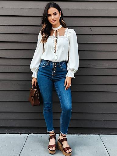 Casual Chic Woman in White Lace-Up Blouse with Bishop Sleeves and High-Waisted Jeans