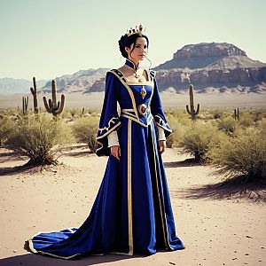 Woman in Royal Blue Renaissance Gown Standing in Desert Landscape