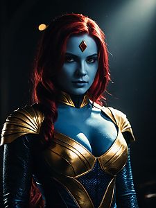 Realistic Woman Cosplay Wearing Mystique Costume with Red Hair and Gold Armor