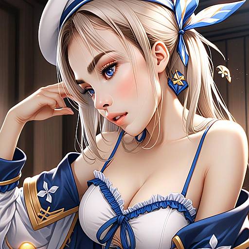 Granblue Fantasy Inspired Woman in Blue and White Sailor Outfit Digital Illustration