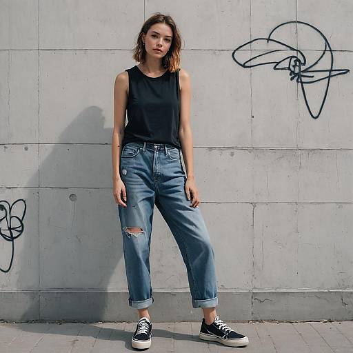 Urban Casual Style Woman in Ripped Jeans and Black Sleeveless Top