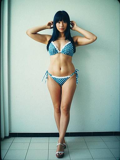 Woman in Blue Polka-Dot Bikini Lingerie Outfit Full Body Swimwear Cosplay