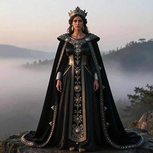 Regal Woman in Medieval Black and Gold Gown with Crown on Misty Mountain