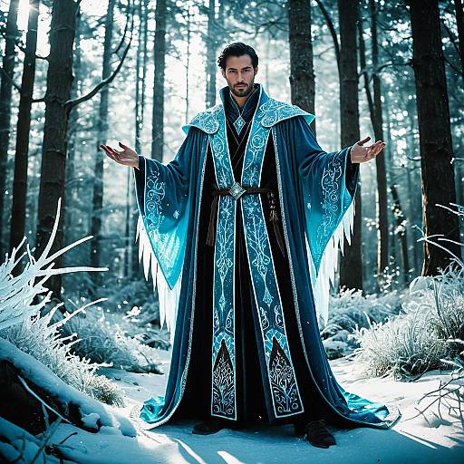 Man in Intricate Blue Fantasy Robe Standing in Snowy Forest