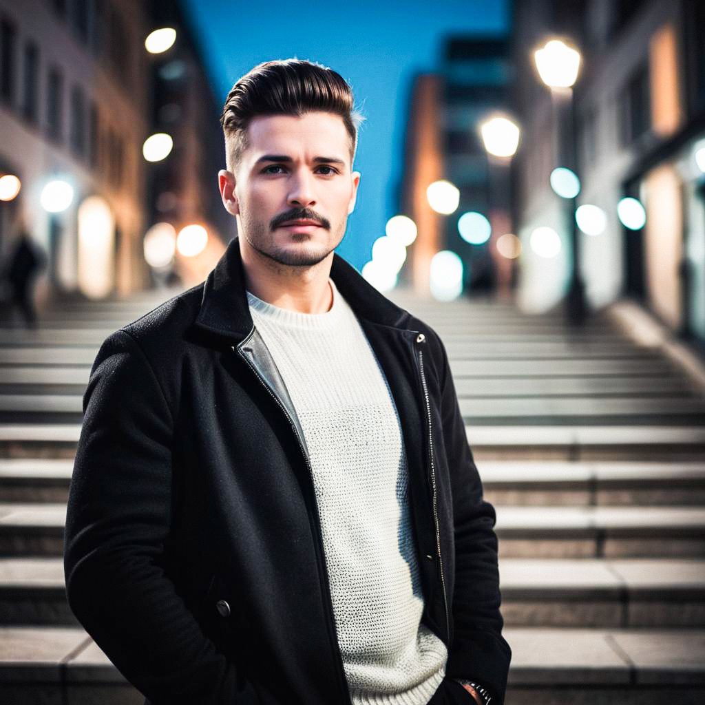 Stylish Young Man on Urban Staircase at Night