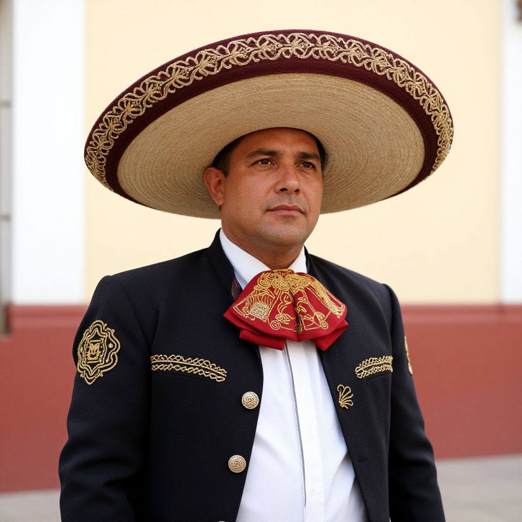 Mexican Charro Man in Traditional Sombrero and Embroidered Suit