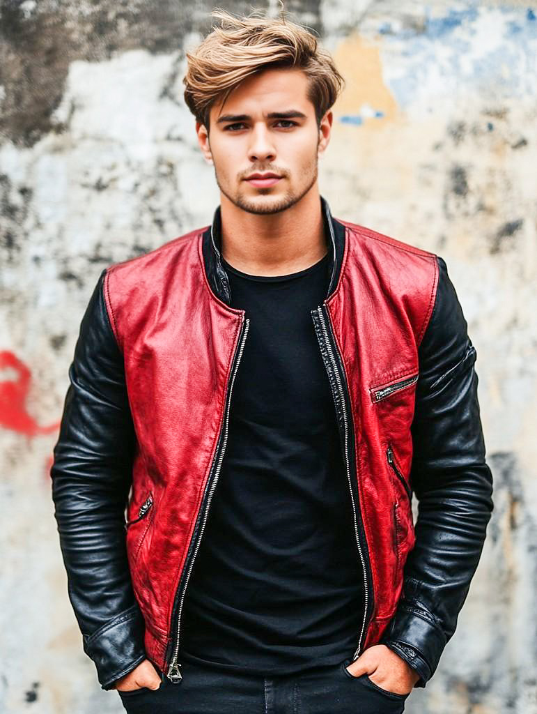 Young Man in Red and Black Leather Jacket