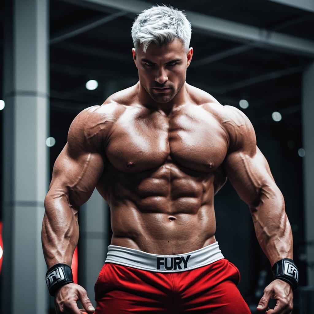 Muscular Man with Platinum Blonde Hair in Red Fury Shorts at Gym