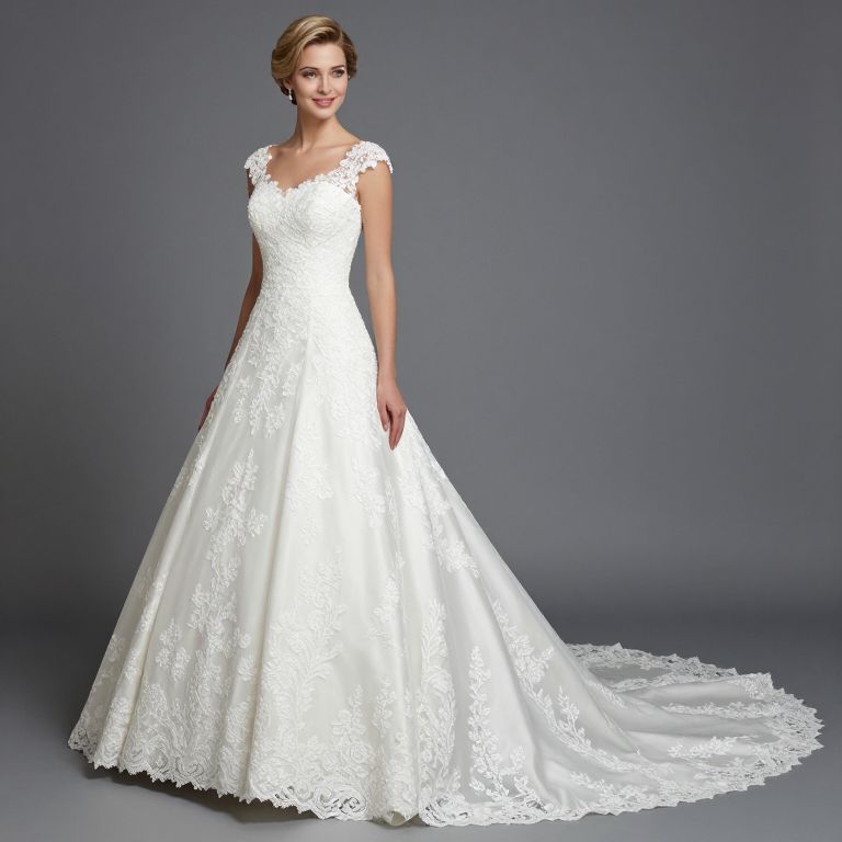 Elegant White Lace Wedding Dress with Train on Woman