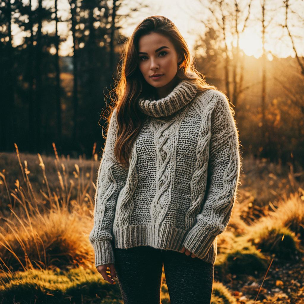 Young Woman in Cozy Knit Sweater Outdoors During Golden Hour