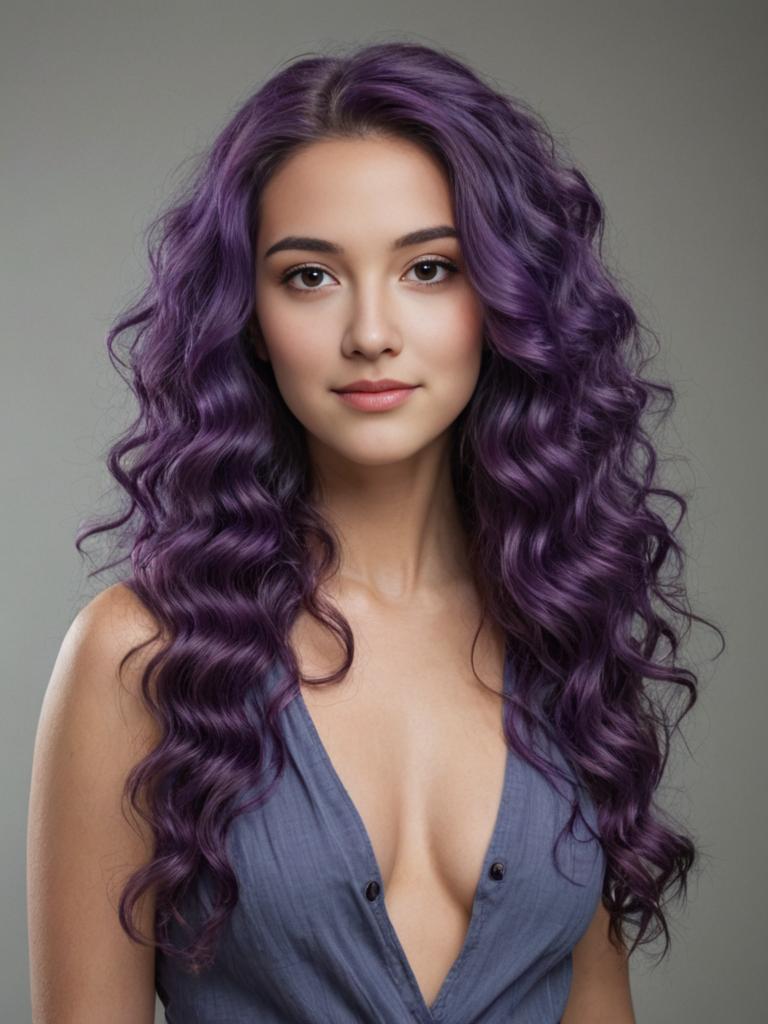 Woman with Wavy Purple Hair in Gray Outfit