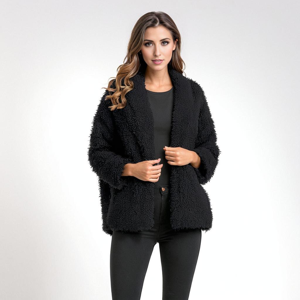 Chic Woman in Black Fur Jacket