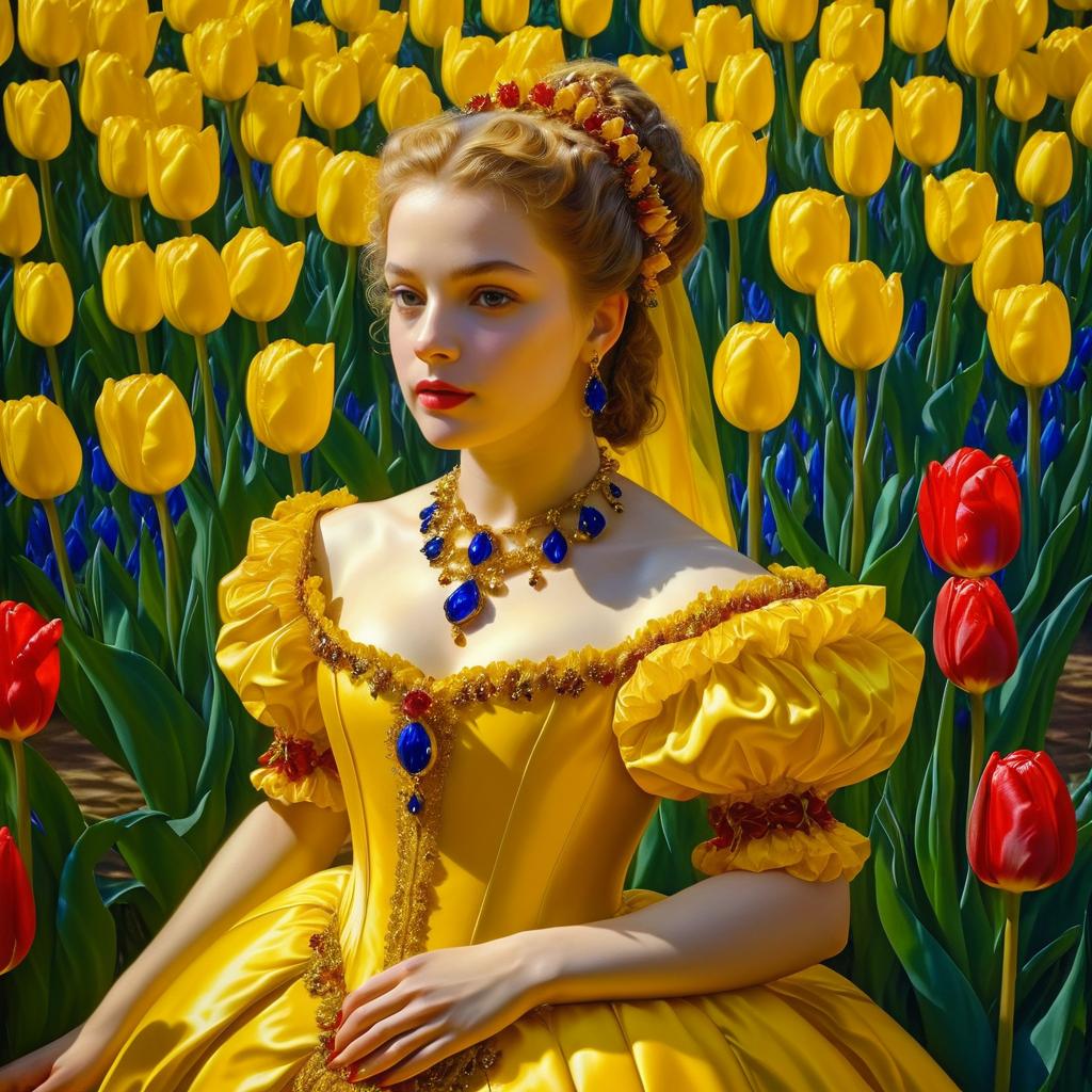 Elegant Woman in Yellow Gown Among Tulips