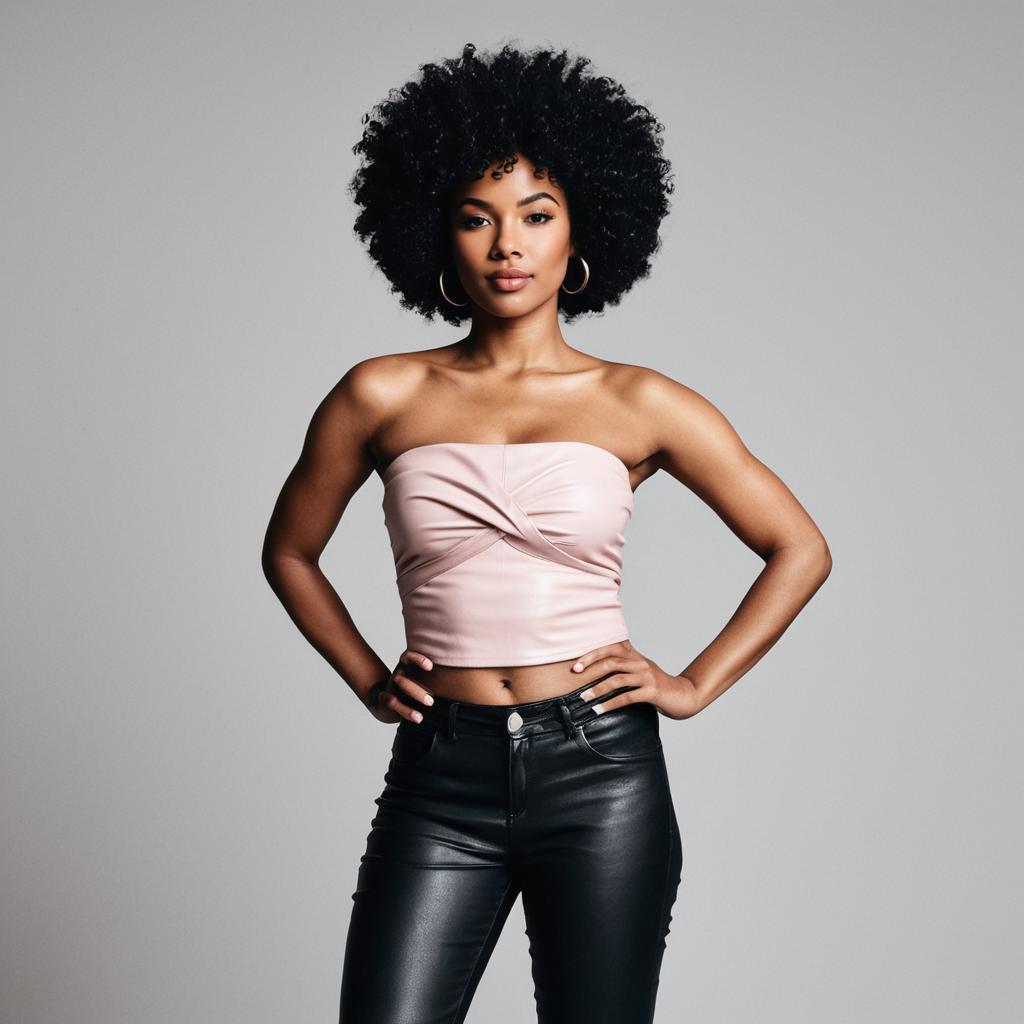 Confident Woman with Afro Hairstyle Wearing Leather Pants and Pink Top