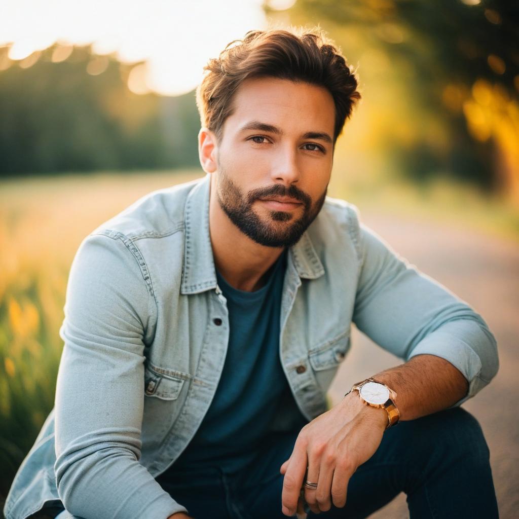 Bearded man in denim jacket outdoors during golden hour