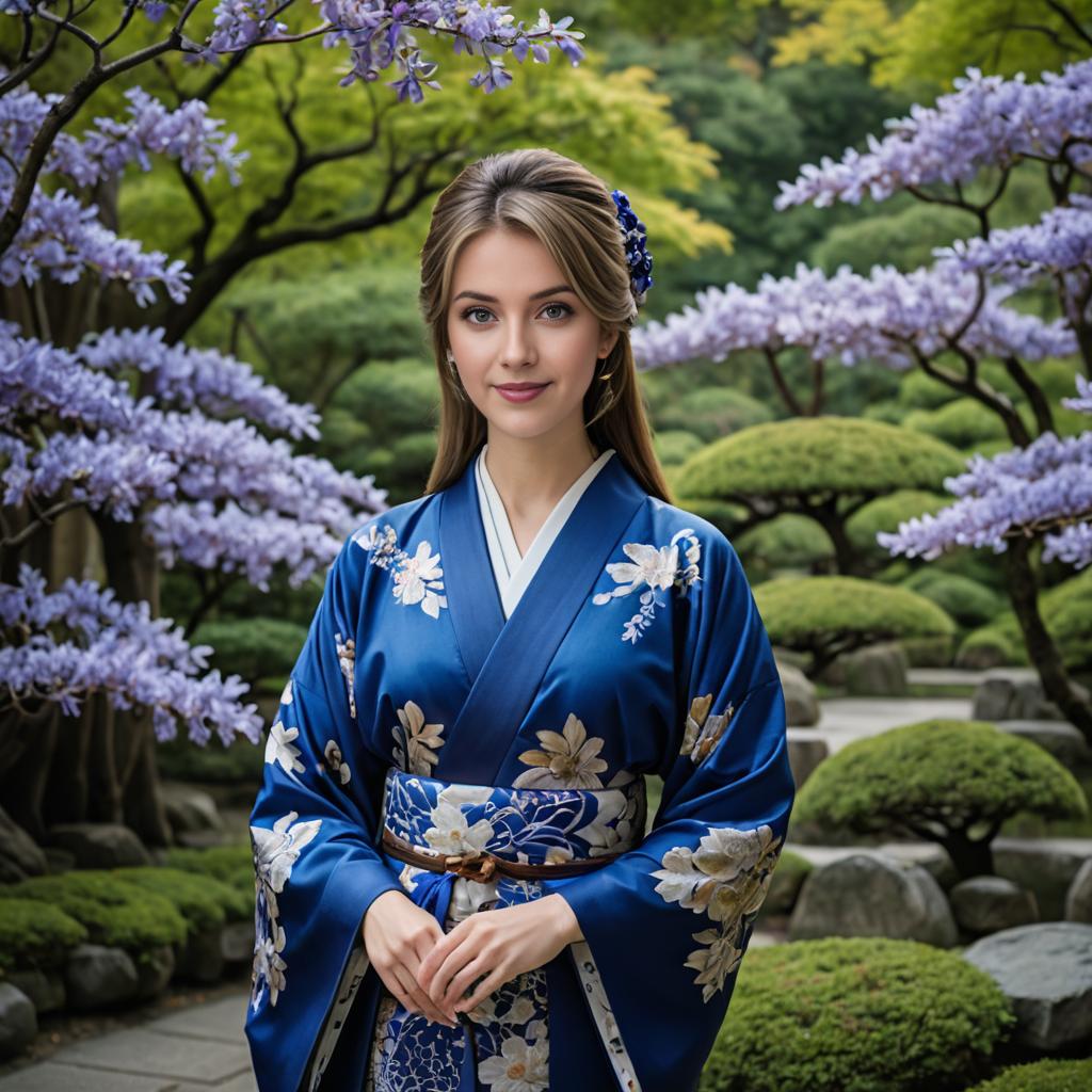 Woman in Blue Kimono in Serene Garden