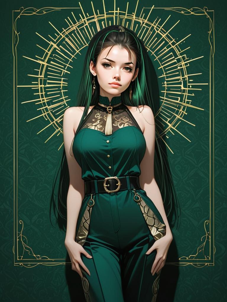 Elegant Woman in Emerald Green Outfit with Golden Halo Illustration