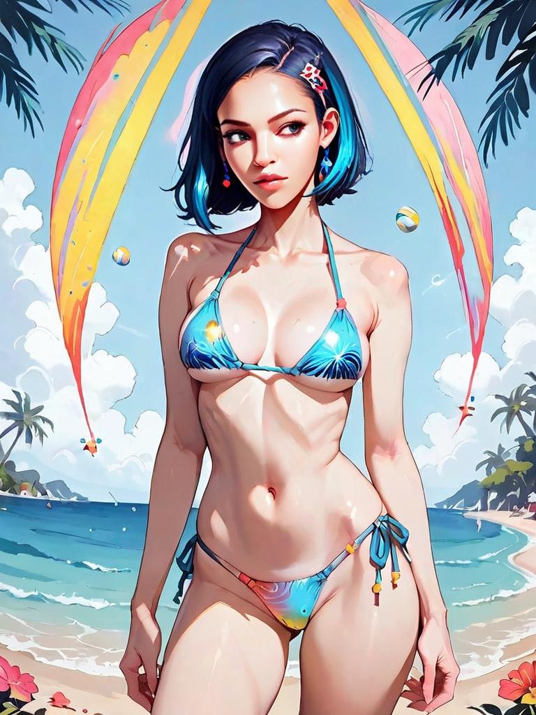Realistic Digital Illustration of Woman in Micro Bikini on Tropical Beach