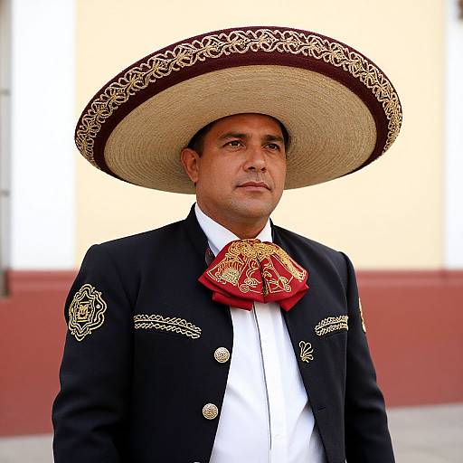 Mexican Charro Man in Traditional Sombrero and Embroidered Suit