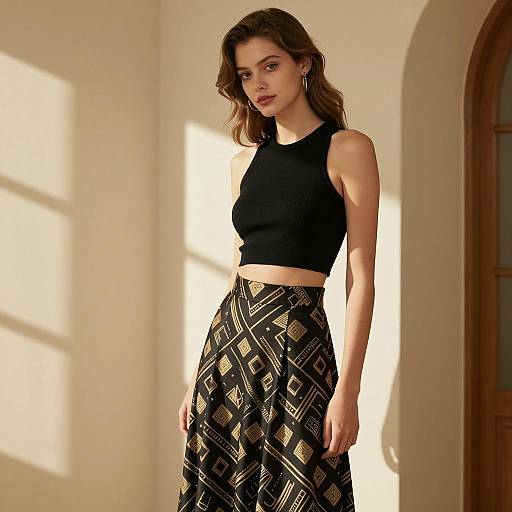 Gen Z Fashion Woman in Black Crop Top and Geometric Pattern Skirt