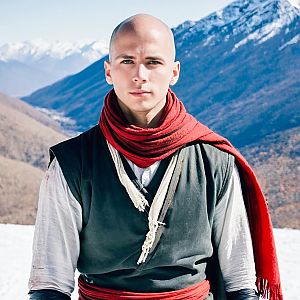 Man in Red Scarf Against Snowy Mountains