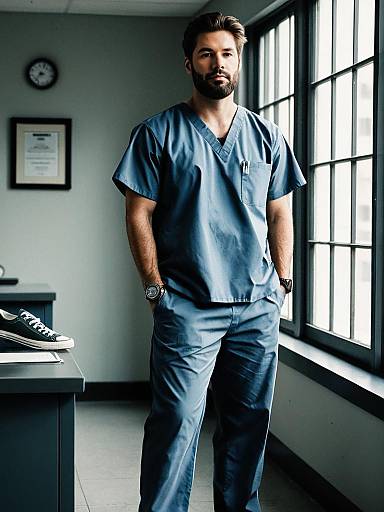 Male Healthcare Professional in Blue Medical Scrubs Standing by Window