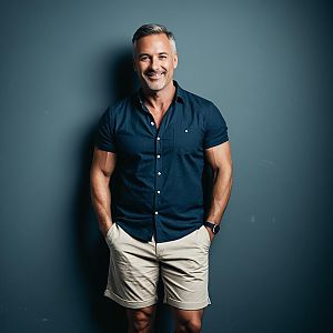 Confident Middle-Aged Man in Casual Summer Outfit Against Gray Background