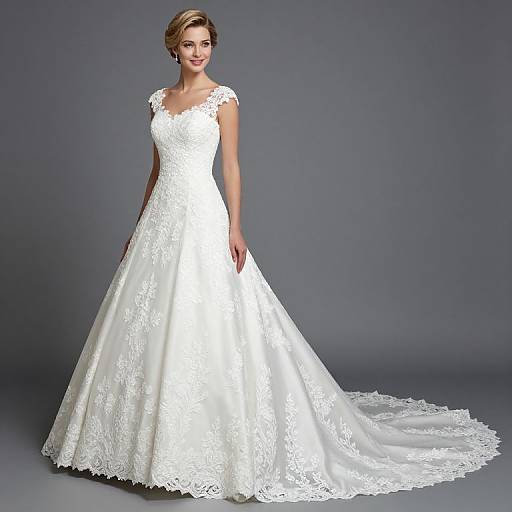 Elegant White Lace Wedding Dress with Train on Woman