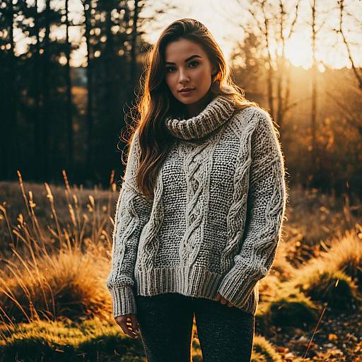 Young Woman in Cozy Knit Sweater Outdoors During Golden Hour