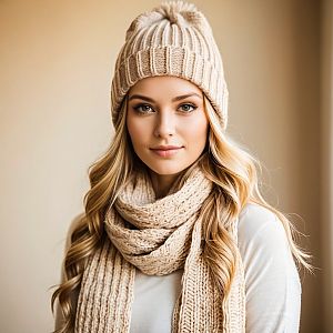 Young Woman in Cozy Knit Hat and Scarf