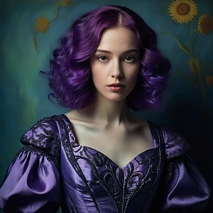 Young Woman in Elegant Purple Gown with Floral Background