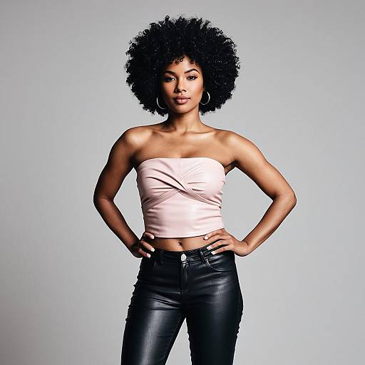 Confident Woman with Afro Hairstyle Wearing Leather Pants and Pink Top