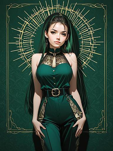 Elegant Woman in Emerald Green Outfit with Golden Halo Illustration