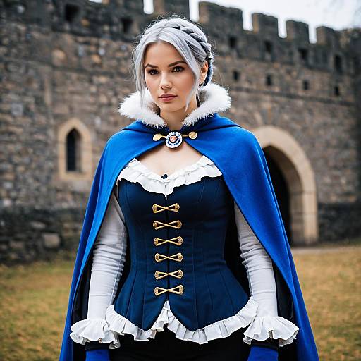 Medieval Style Woman in Blue Cloak at Akershus Fortress Costume Photoshoot
