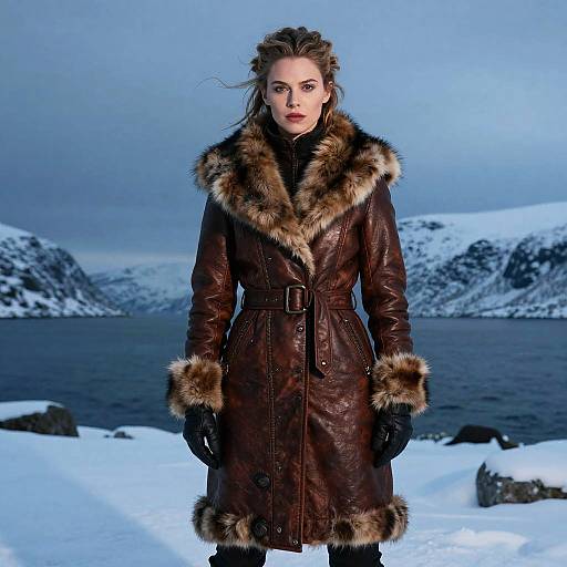 Elegant Woman in Fur-Trimmed Leather Coat in Snowy Mountain Landscape