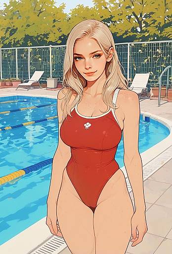 Blonde Woman in Red Swimsuit Standing by Swimming Pool Digital Art