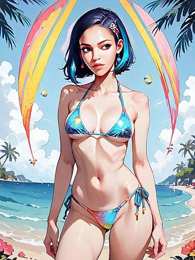 Realistic Digital Illustration of Woman in Micro Bikini on Tropical Beach