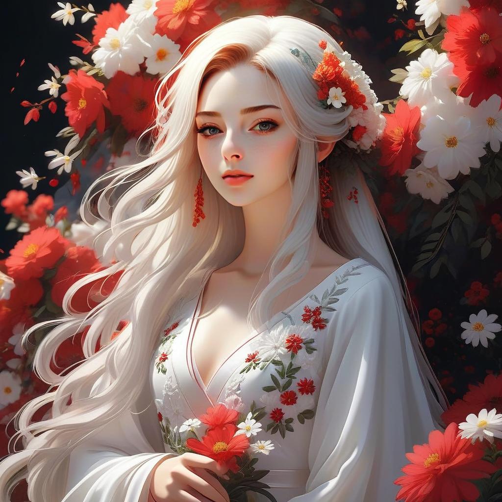 Fantasy Portrait of Woman with White Hair and Flowers