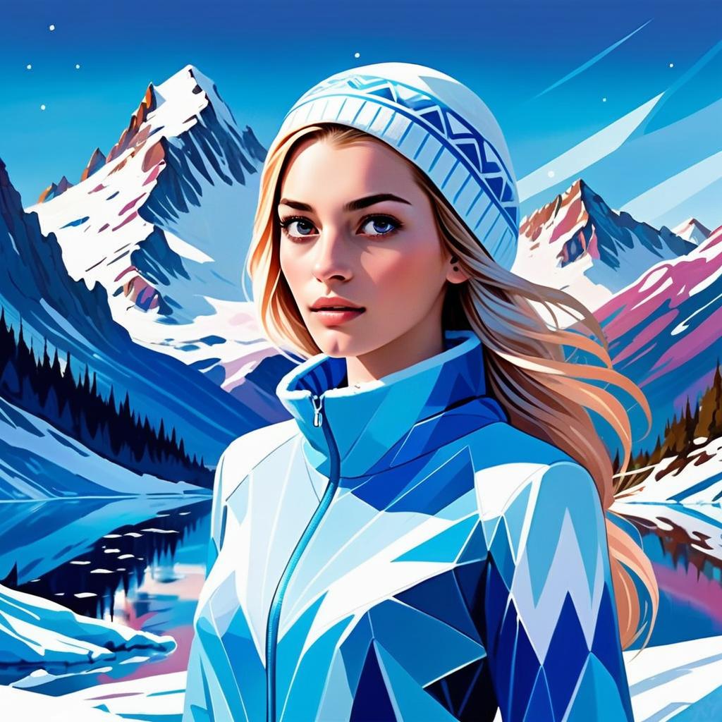 Woman in Winter Sportswear against Snowy Mountains and Lake